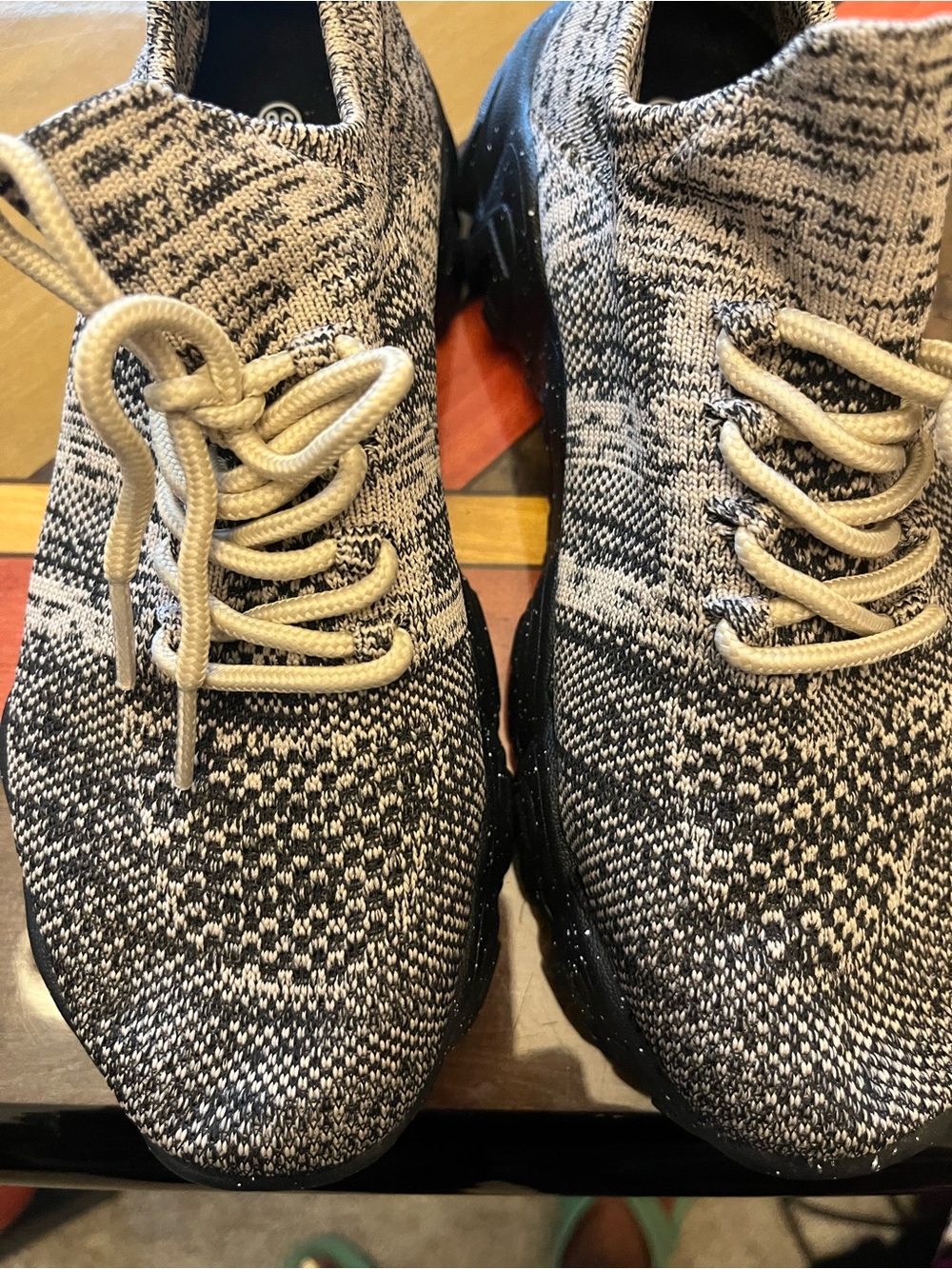 Knit Lace-Up Athletic Sneakers in Black and Cream